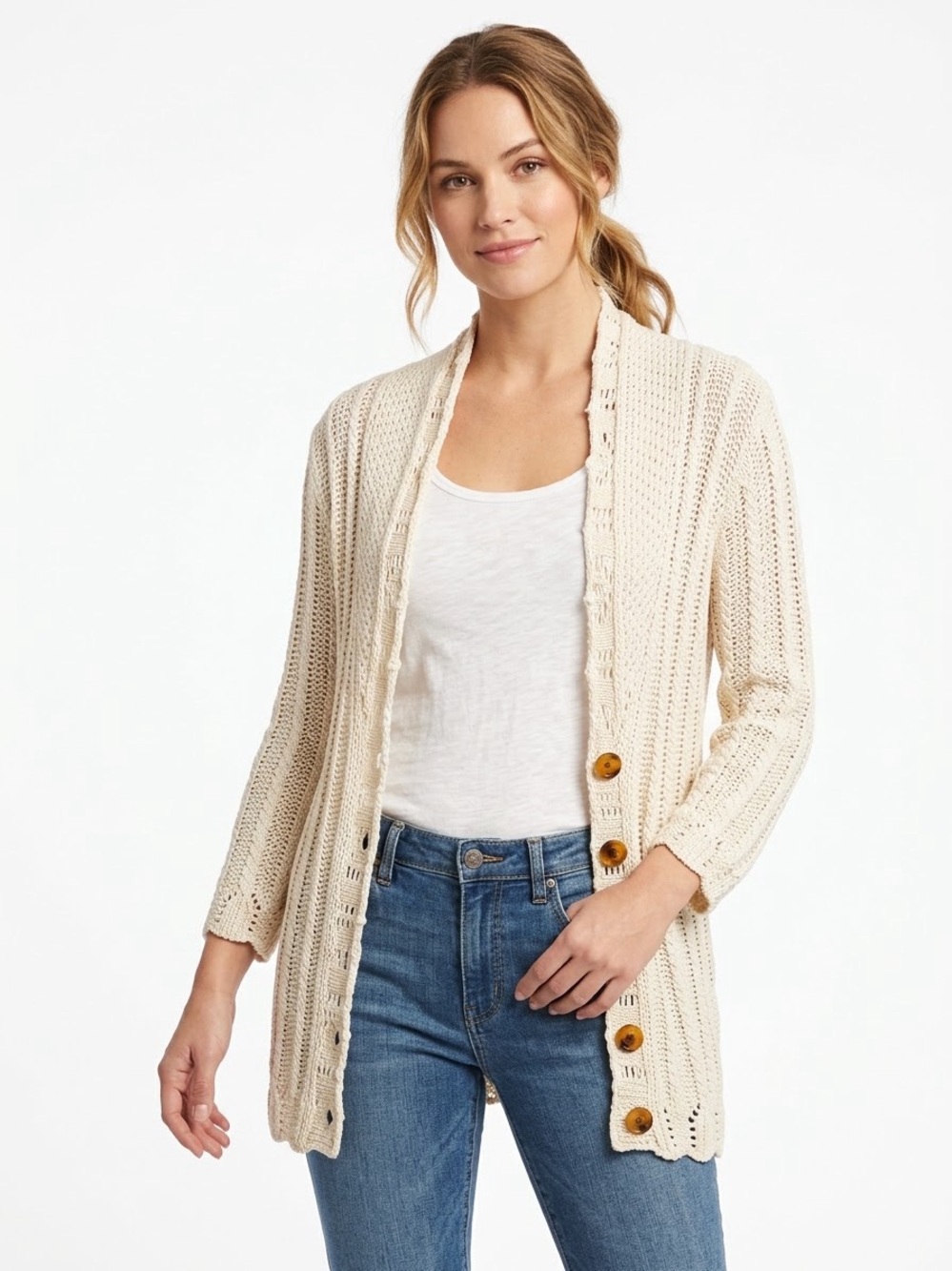 Only Mine 100% Cotton Cream Open Knit Crochet Cardigan L